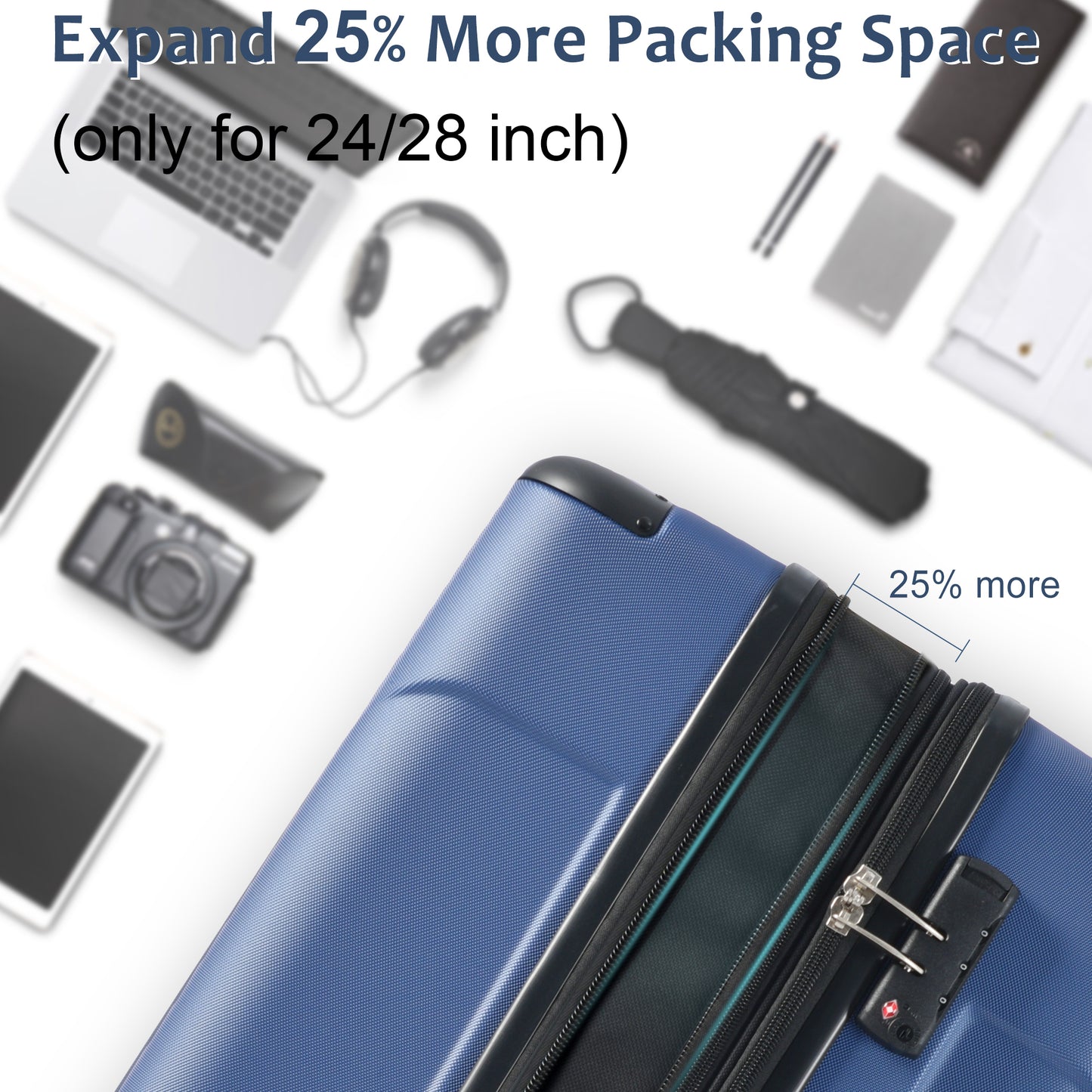 24'' Lightweight Expandable Hardshell Spinner Suitcase, ABS, Blue, w/TSA Lock (Single Luggage)