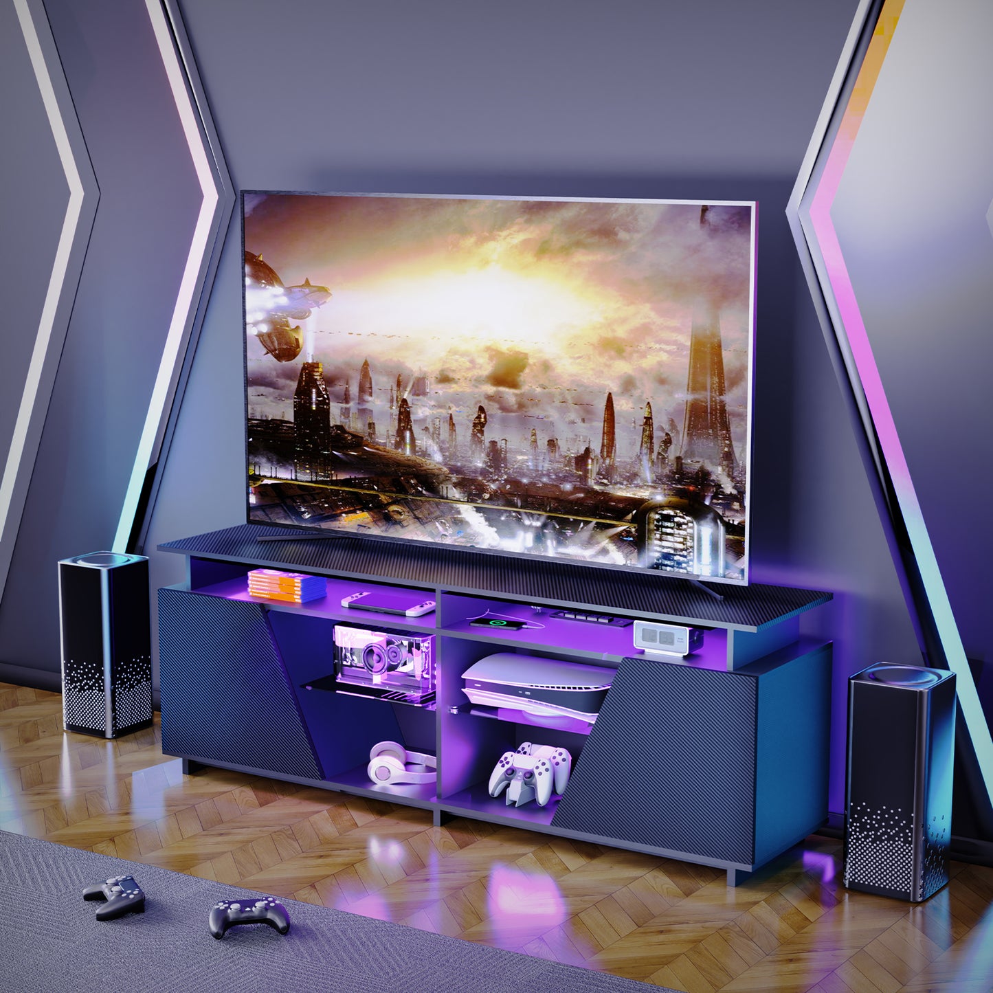 Ultimate Gaming TV Stand — LED Lights, USB Ports & Power Outlet for 75" TVs & Gaming Consoles