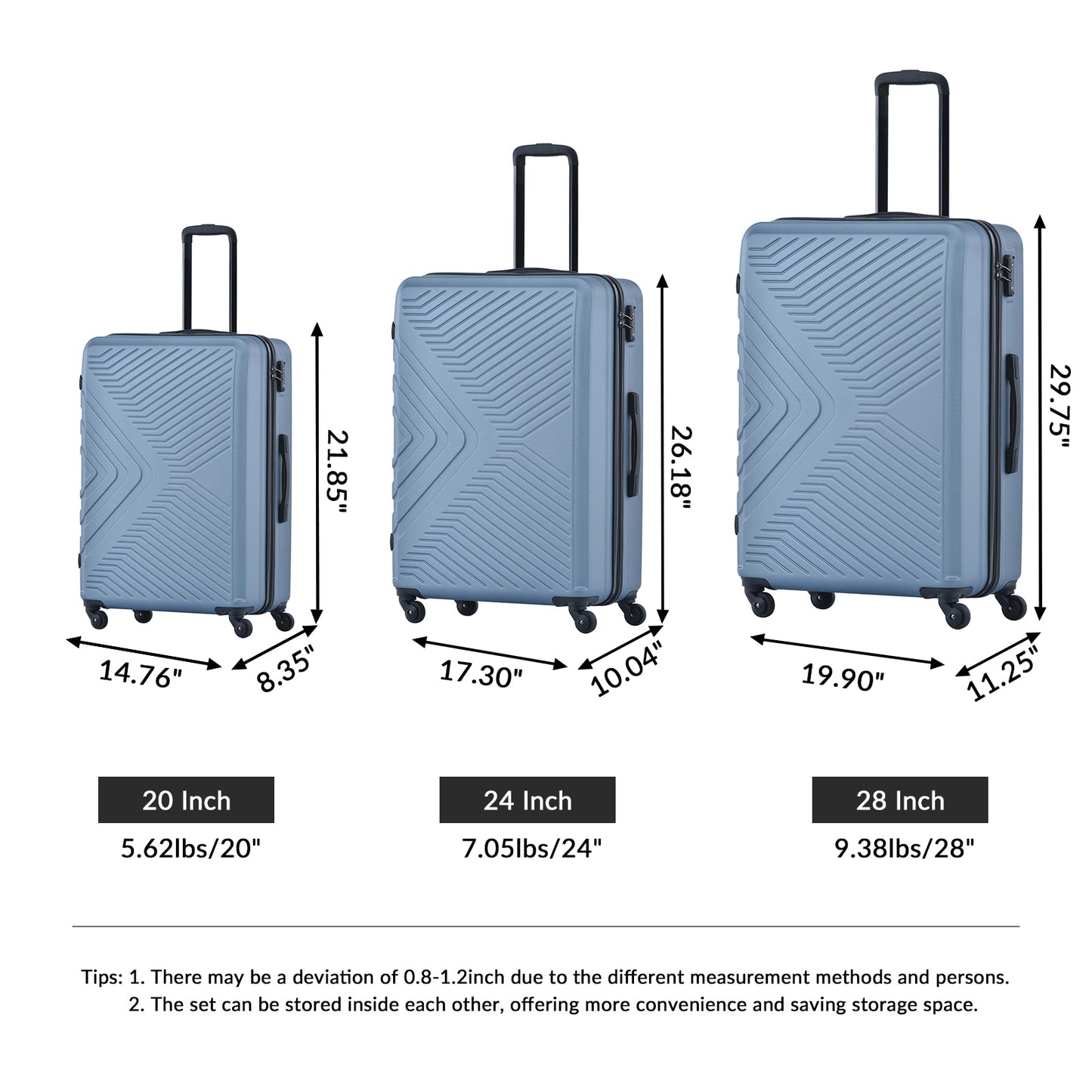 3-Piece ABS Lightweight Luggage Set — Spinner Wheels, TSA Lock, Blue (20"/24"/28")