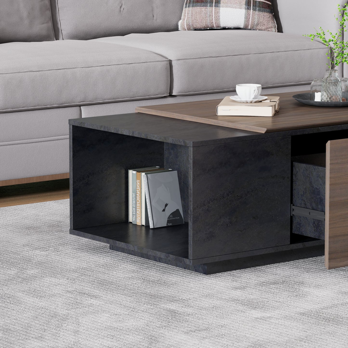 47-Inch Modern Farmhouse Drawer Coffee & Texture Black Table for Living Room or Office