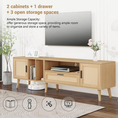 Vine TV Stand — 2 Cabinets, 2 Open Shelves, Solid Wood Legs (Up to 80" TVs)