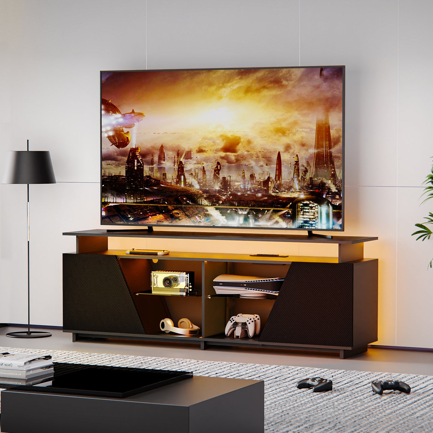 Ultimate Gaming TV Stand — LED Lights, USB Ports & Power Outlet for 75" TVs & Gaming Consoles