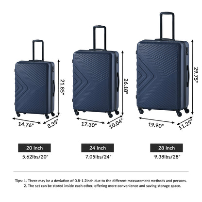 3-Piece ABS Lightweight Luggage Set — Spinner Wheels, TSA Lock, Navy (20"/24"/28")