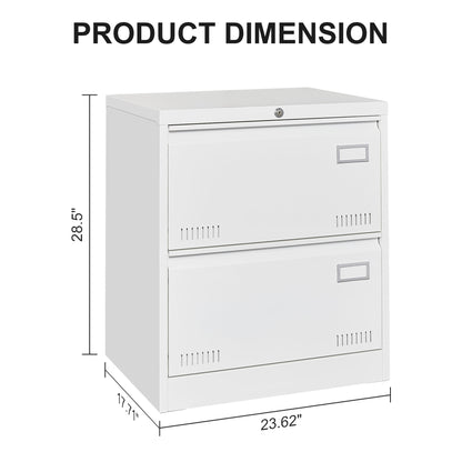 White Horizontal File Cabinet w/Lock - 2 Drawer Metal Filing Cabinet for Legal Documents & Office Use