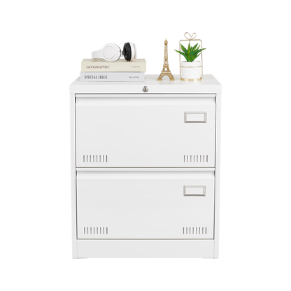 White Horizontal File Cabinet w/Lock - 2 Drawer Metal Filing Cabinet for Legal Documents & Office Use