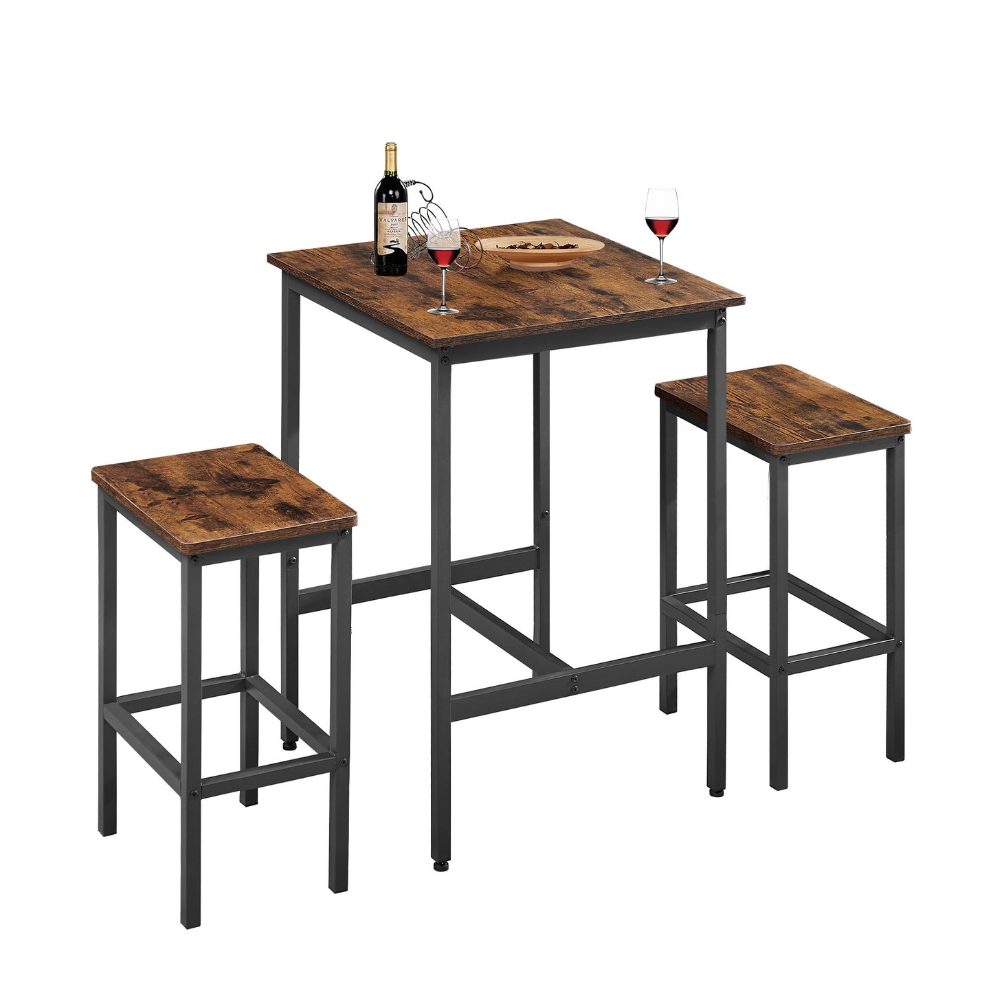 Industrial Style 3-Piece Bar Table Set, Rustic Brown and Black