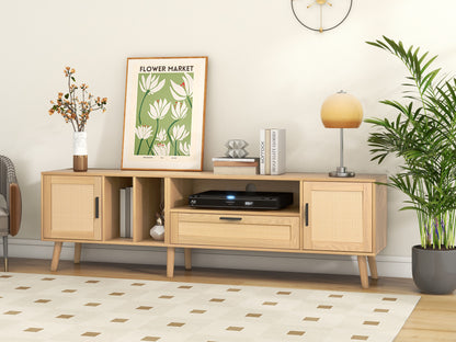 Vine TV Stand — 2 Cabinets, 2 Open Shelves, Solid Wood Legs (Up to 80" TVs)