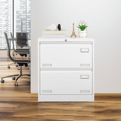 White Horizontal File Cabinet w/Lock - 2 Drawer Metal Filing Cabinet for Legal Documents & Office Use