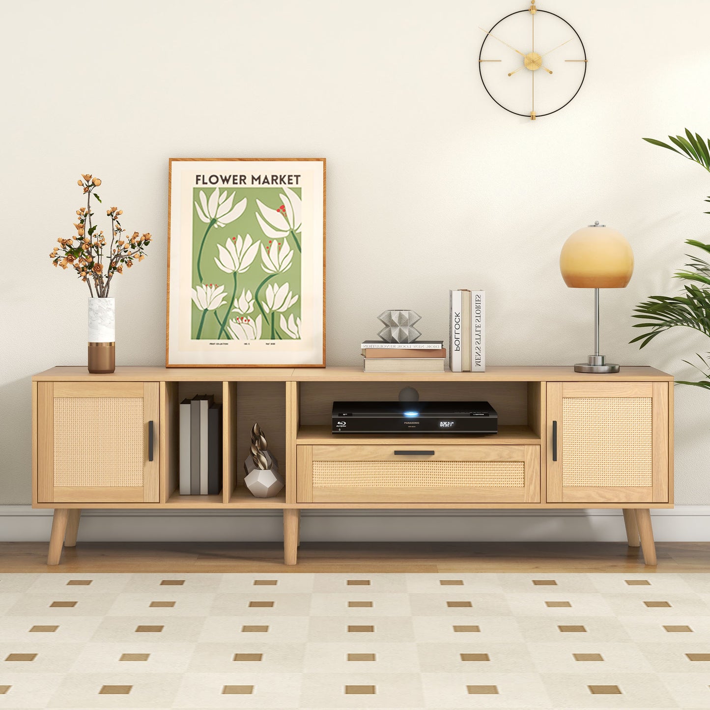 Vine TV Stand — 2 Cabinets, 2 Open Shelves, Solid Wood Legs (Up to 80" TVs)