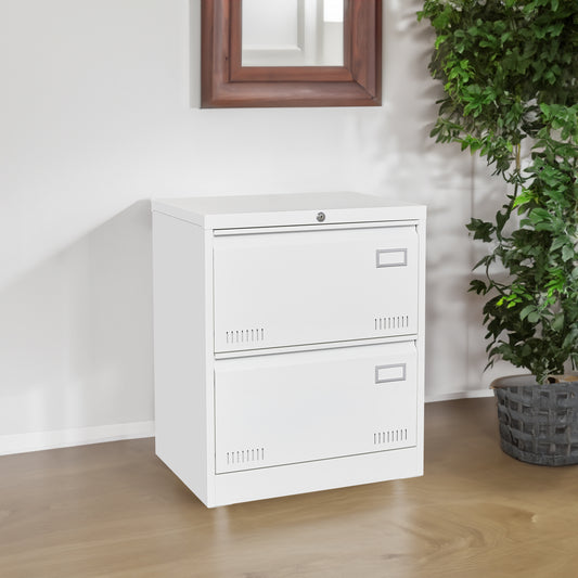 White Horizontal File Cabinet w/Lock - 2 Drawer Metal Filing Cabinet for Legal Documents & Office Use