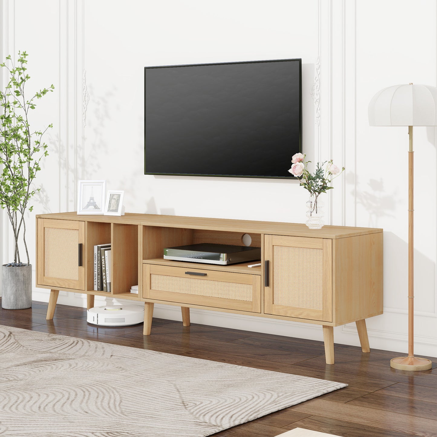 Vine TV Stand — 2 Cabinets, 2 Open Shelves, Solid Wood Legs (Up to 80" TVs)