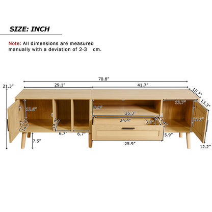 Vine TV Stand — 2 Cabinets, 2 Open Shelves, Solid Wood Legs (Up to 80" TVs)