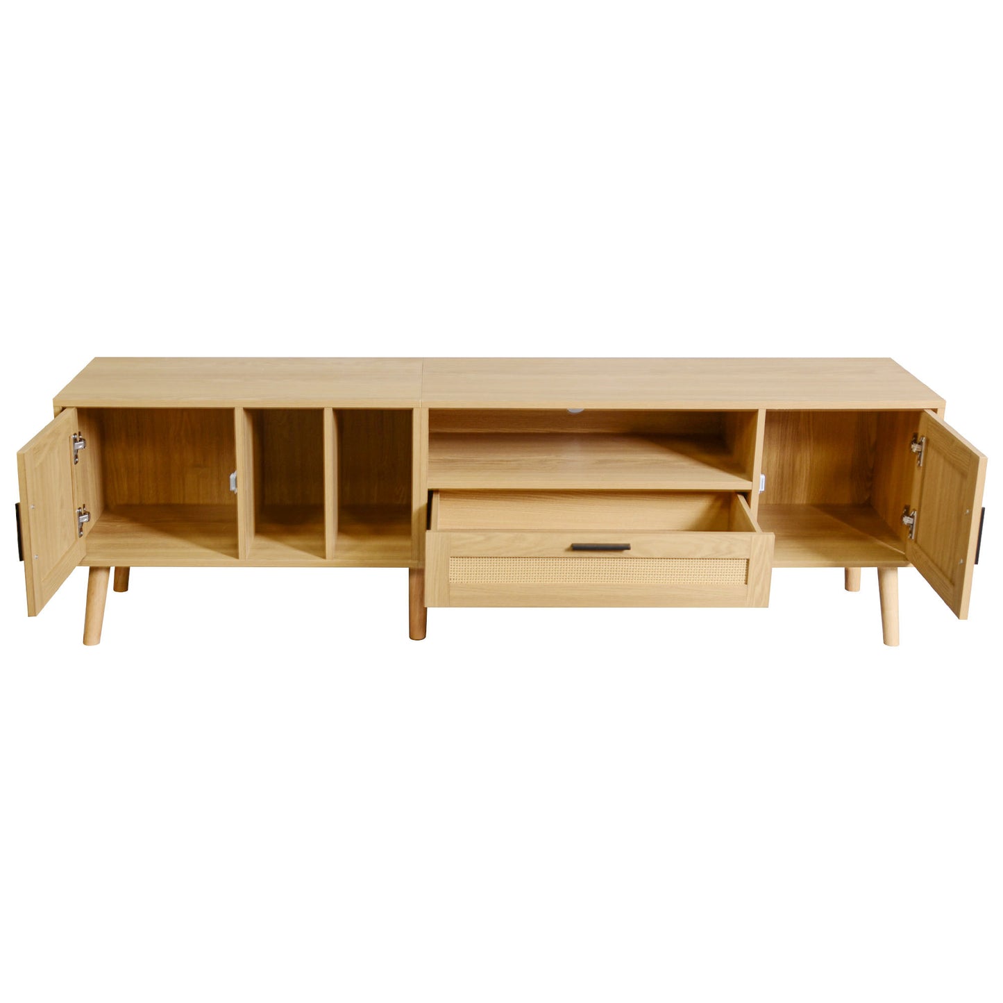 Vine TV Stand — 2 Cabinets, 2 Open Shelves, Solid Wood Legs (Up to 80" TVs)