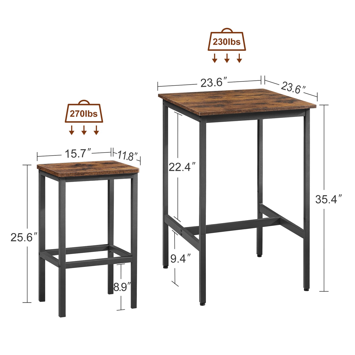 Industrial Style 3-Piece Bar Table Set, Rustic Brown and Black