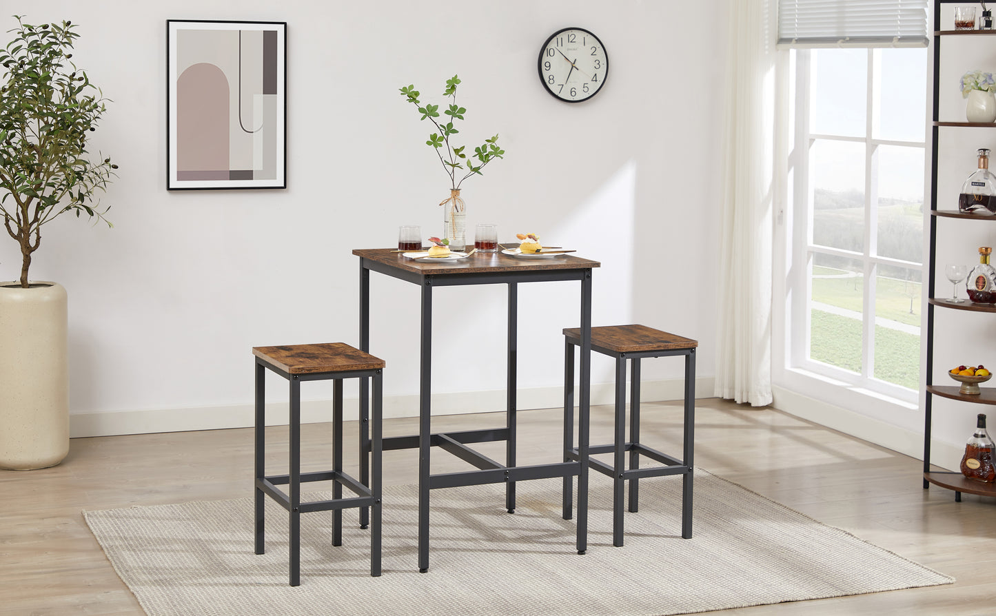 Industrial Style 3-Piece Bar Table Set, Rustic Brown and Black