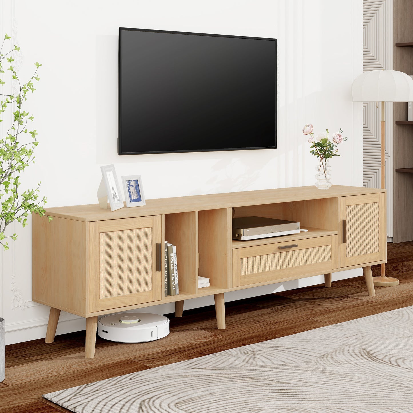 Vine TV Stand — 2 Cabinets, 2 Open Shelves, Solid Wood Legs (Up to 80" TVs)